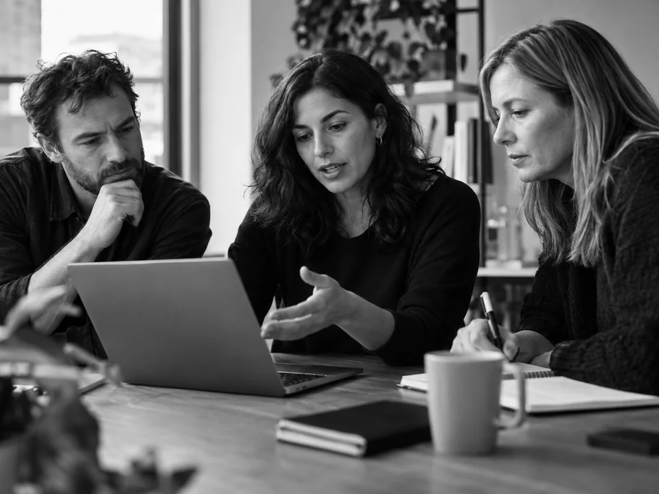 A team leader helping colleagues work through a new workflow.