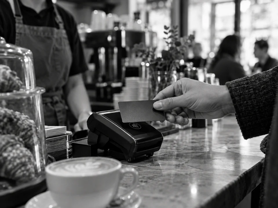 A customer using a contactless payment card at a checkout terminal.