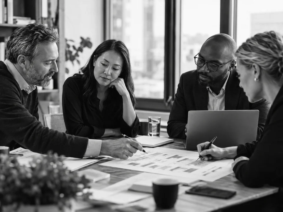 Consultants and client colleagues reviewing a roadmap together.