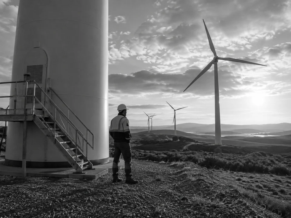A utility technician beneath wind turbines in a rolling landscape.
