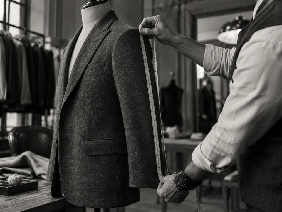 A tailor measuring a jacket in a fashion atelier.
