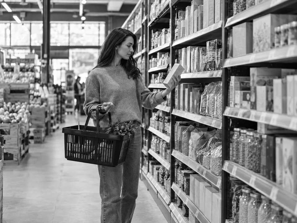 A shopper choosing packaged groceries in a supermarket aisle.
