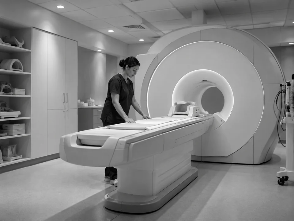 A radiographer preparing an MRI scanner in a clinical room.