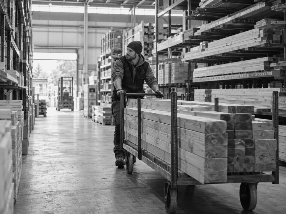 A trade warehouse worker moving timber past building-material racks.