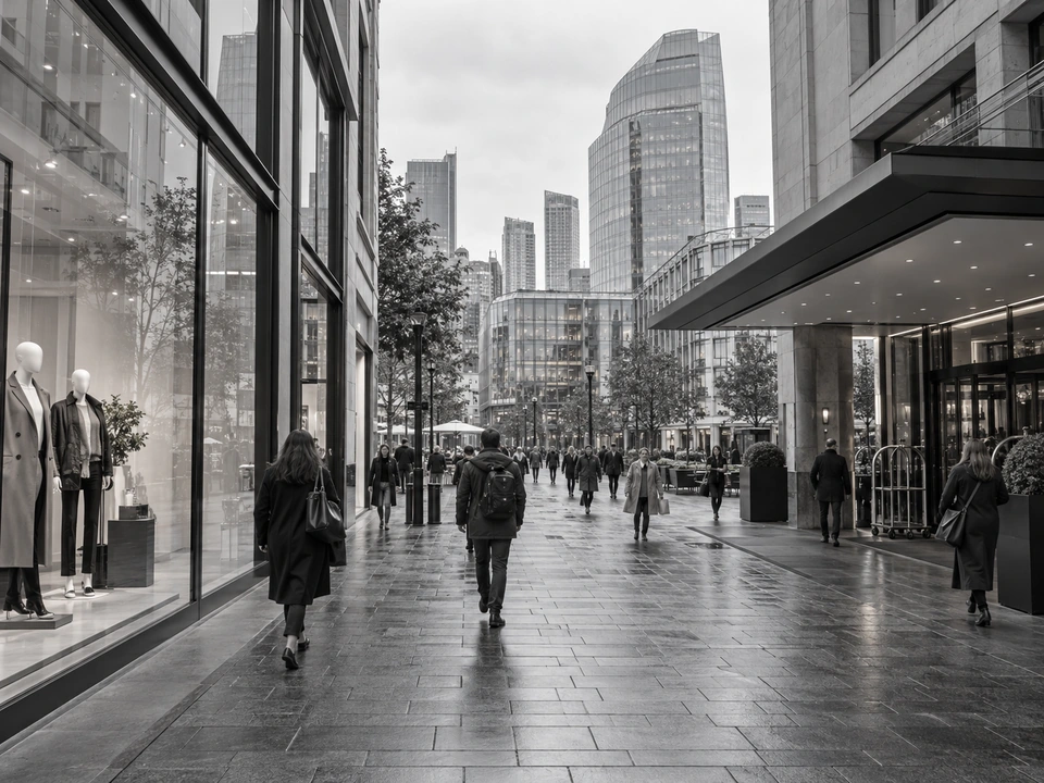 Shoppers and pedestrians among retail stores, offices and a hotel in a commercial city district.