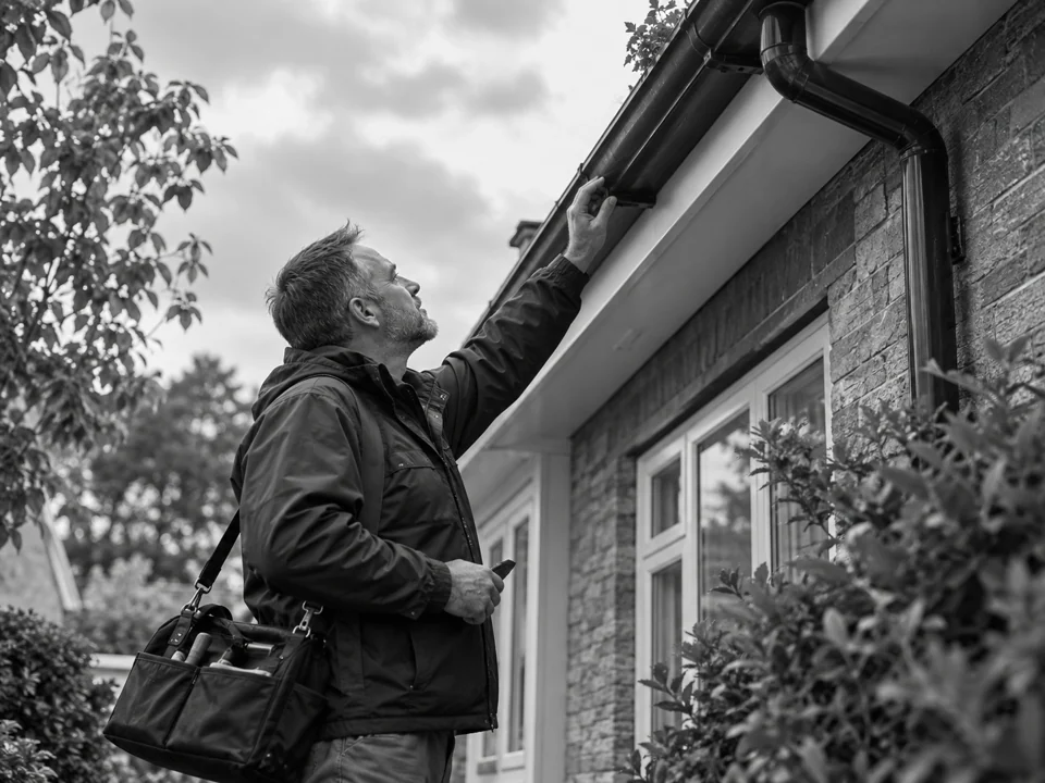 A property surveyor inspecting the exterior of a home.