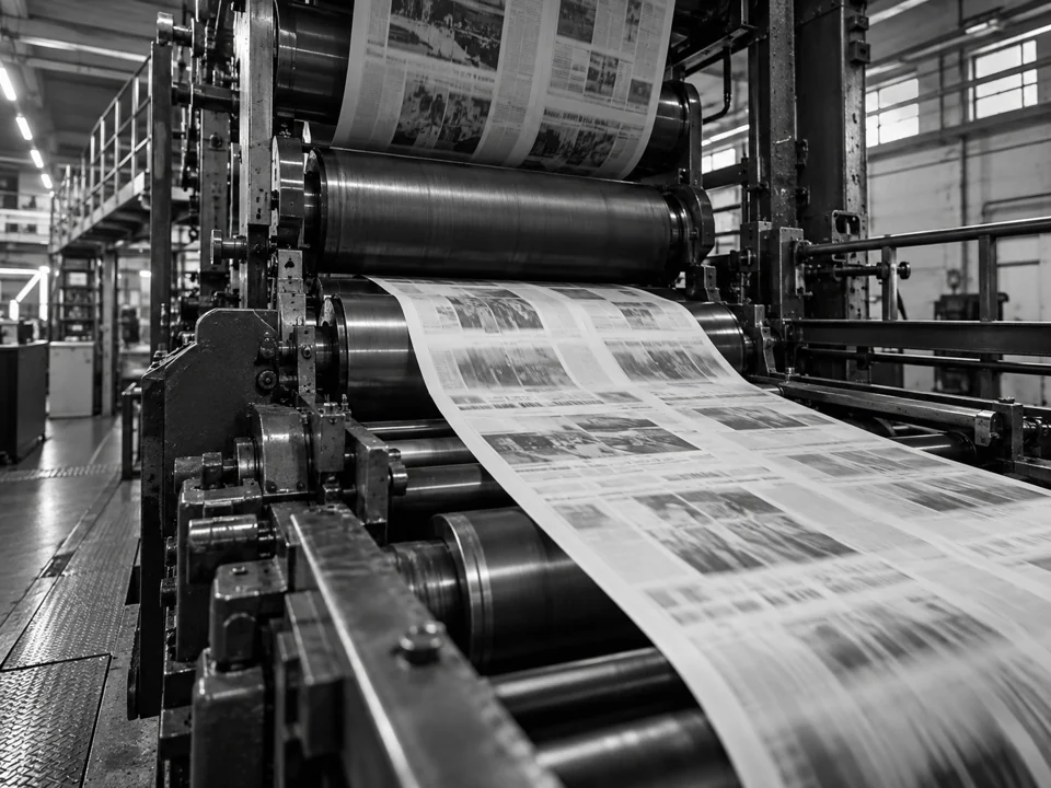 Newspapers moving through the rollers of a printing press.