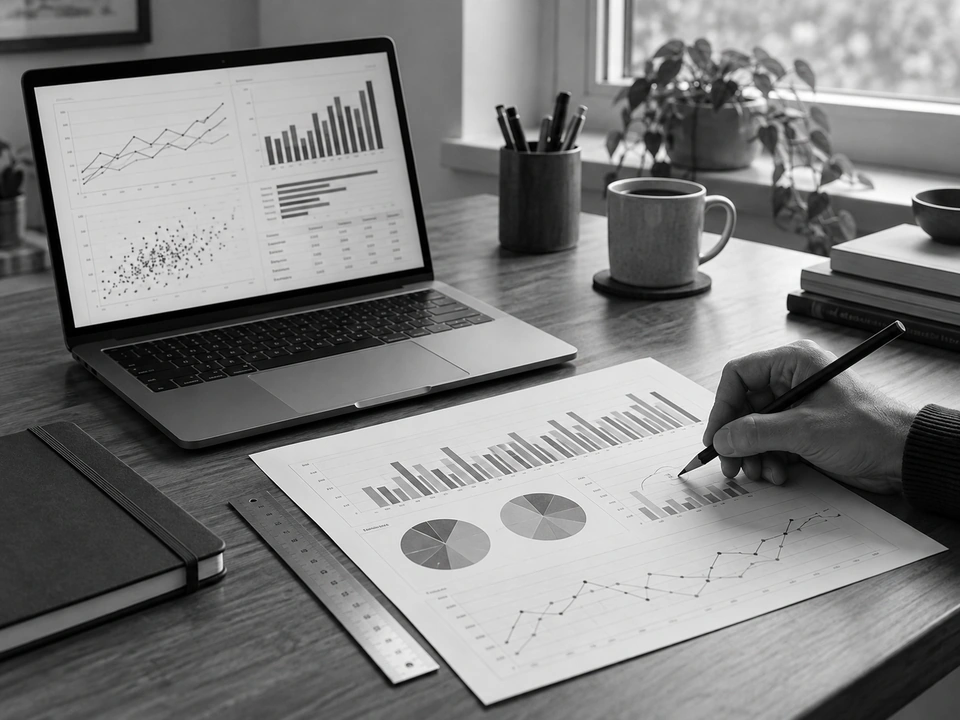 An analyst annotating comparison charts beside a laptop displaying research measurements.