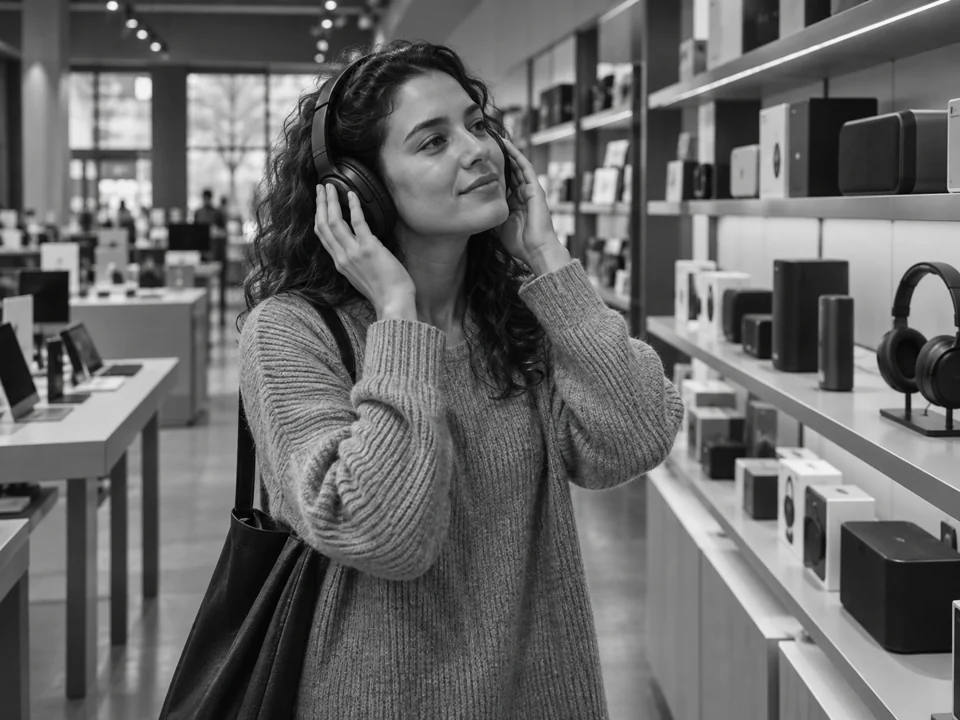 A shopper trying headphones in a consumer electronics store.