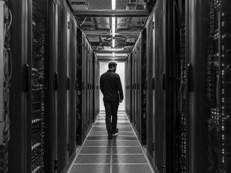 An engineer walking between server racks in a data centre.