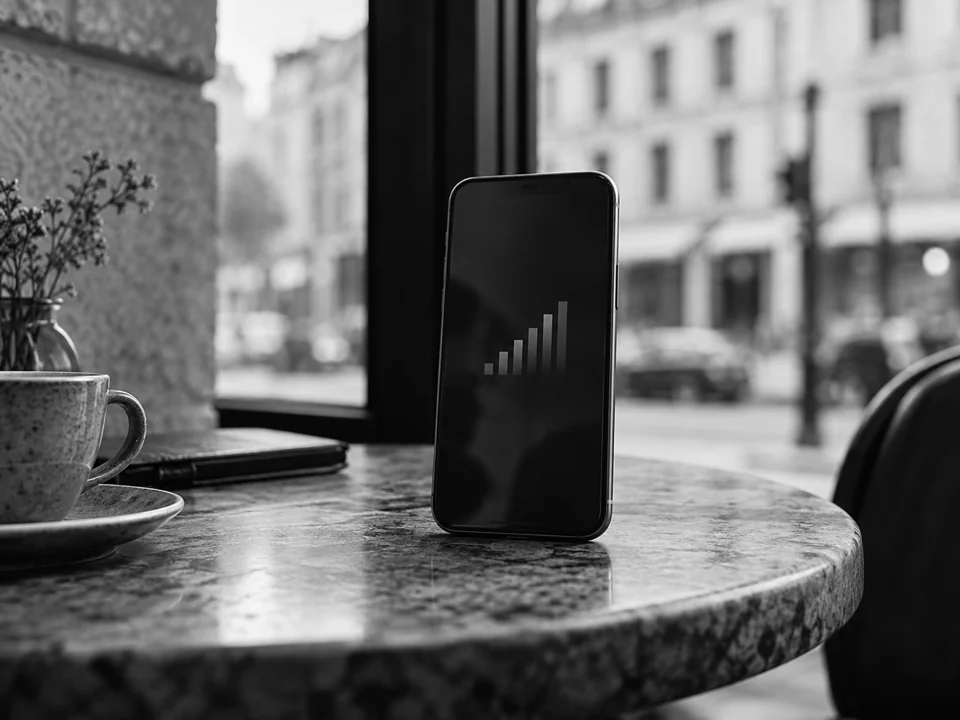 A mobile phone on a cafe table with the city softly blurred behind it.