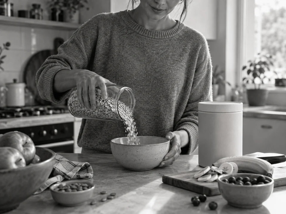 A person preparing breakfast with oats, fruit and a nutrition product.